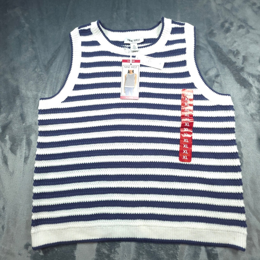 Nine West Jeans Blue White Striped Crochet Tank Top XL DNWS3341